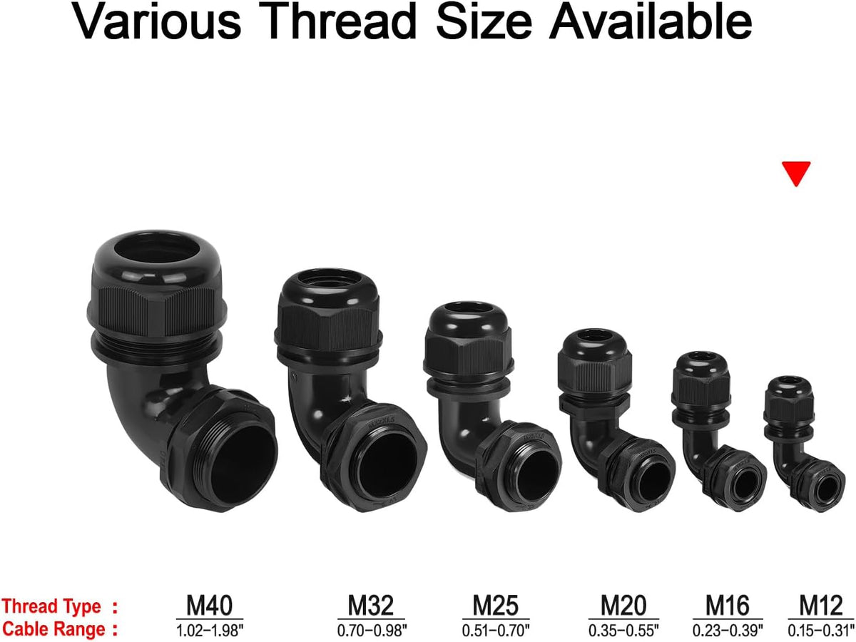 LeMotech M12 Cable Gland, 90 Degree Adjustable 4-8mm Strain Relief, Cord Connectors Nylon Joints with Gaskets, 6 Pcs, Black