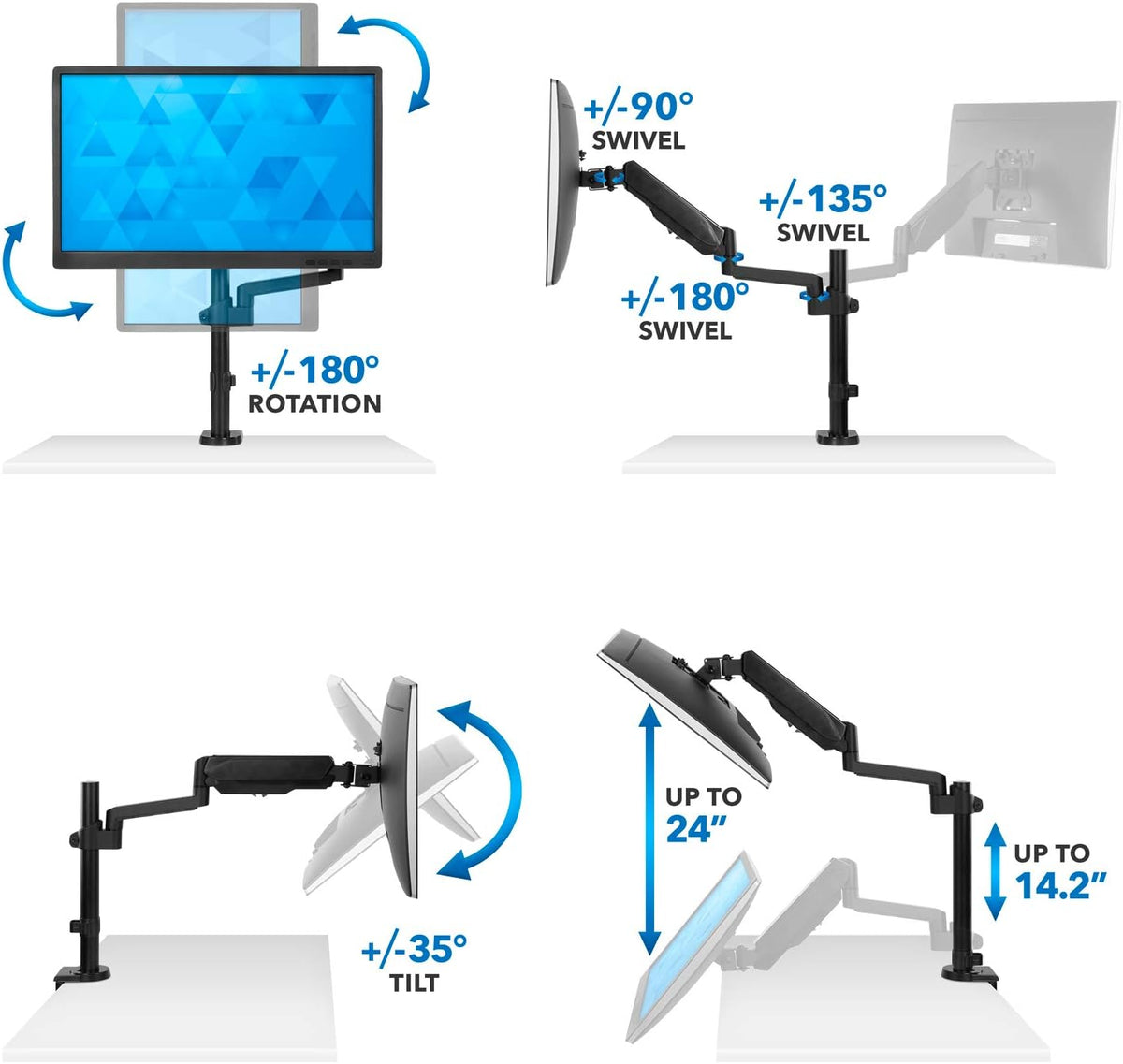 Mount-It! Single Monitor Arm Mount | Desk Stand | Full Motion Height Adjustable Articulating Gas Spring Arm | Fits 19 21 24 27 29 30 32 Inch VESA Compatible Computer Screen | C-Clamp and Grommet Base