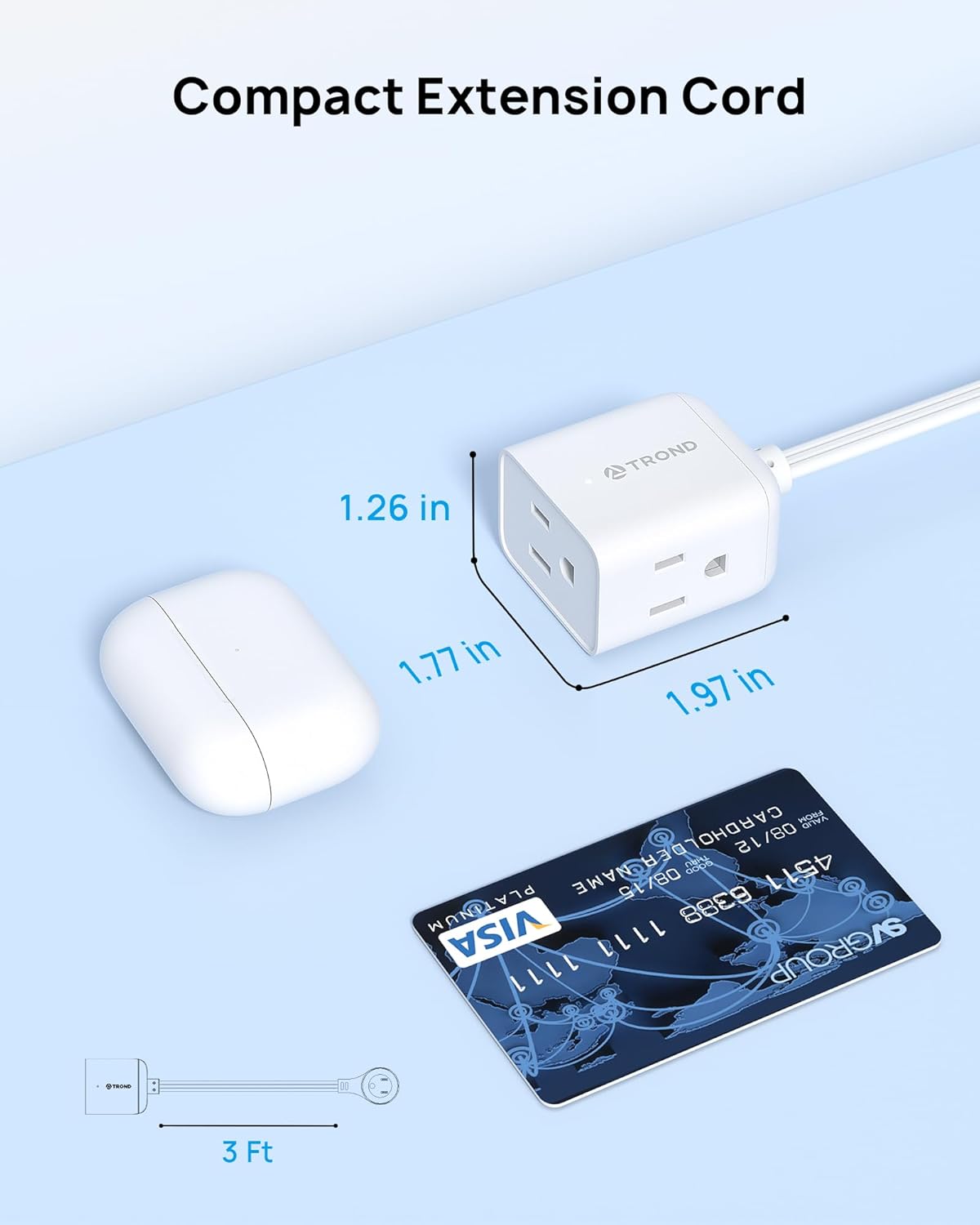 TROND Short Extension Cord 3ft with 360° Rotating Flat Plug, Low Profile Small Power Strip, Three Prong Grounded Outlets Cube, 13A, 16 AWG Cable for Indoor Home Office Cruise Travel Essentials, White