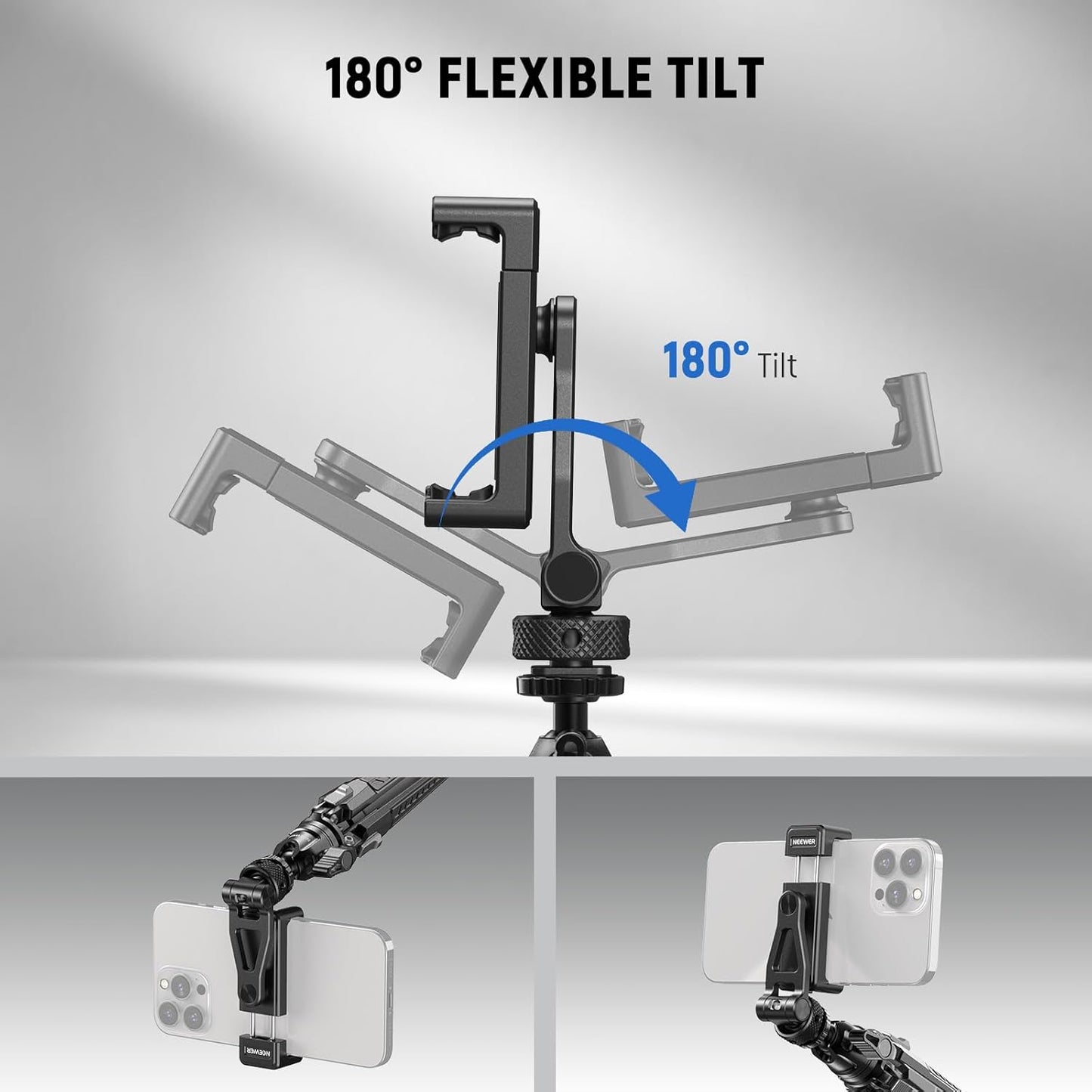 Neewer Metal Phone Tripod Mount with Cold Shoes, 1/4" Thread, 180° Tilt, 360° Rotation, Adjustable Phone Clamp Metal Phone Holder Compatible with iPhone 16 15 Pro Max S24 Ultra Camera Cage, GA010