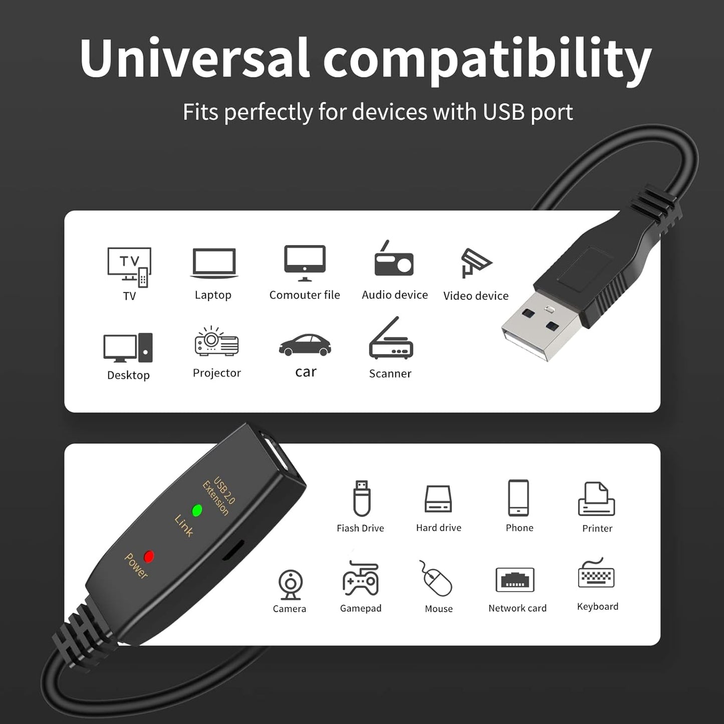 LDKCOK 100FT Active USB Extension Cable 2.0 Male to Female with A Extension chipset Signal Booster - Active Extension/Repeate