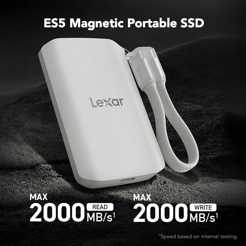 Lexar 2TB ES5 Magnetic External SSD, Up to 2000MB/s, Compatible w/MagSafe, USB-C Smartphones, iPhone 15/16 or Above, PC, Mac, Supports Apple ProRes & Samsung Pro Video, Silver (LES5XXX002T-RNWNU)