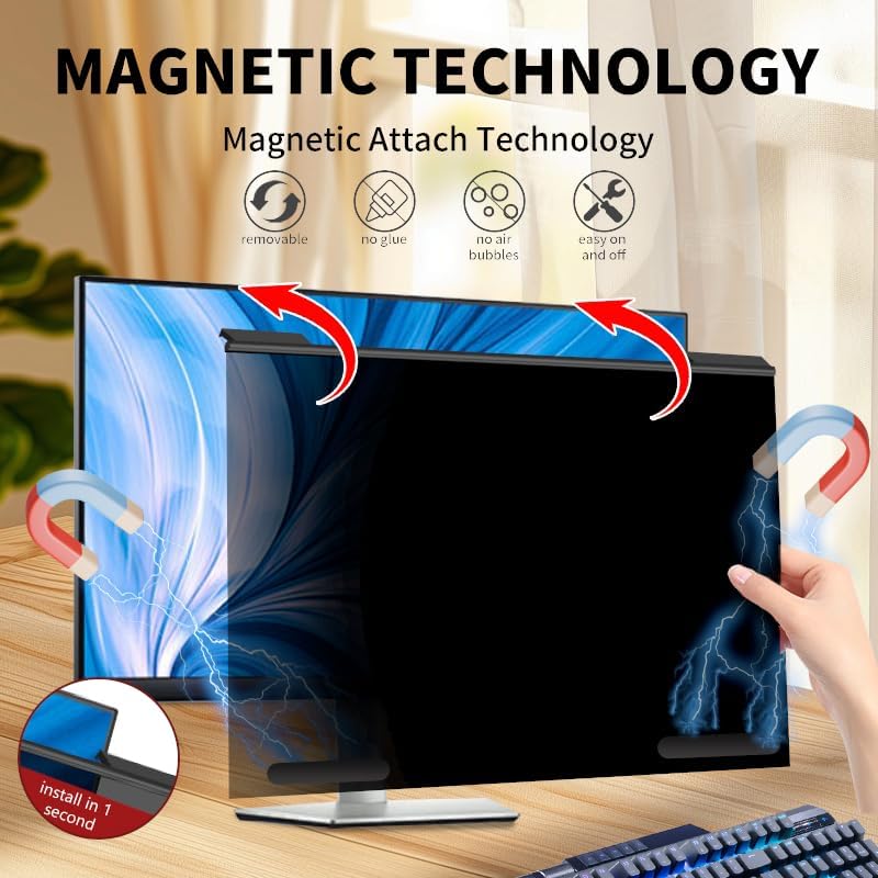 Magnetic Computer Privacy Screen Filter 27 Inch, Removable Hanging Aluminum Alloy Privacy Shield for 16:9 Widescreen Monitor, Anti Spy Anti Scratch Anti Glare Blue Light Screen Guard
