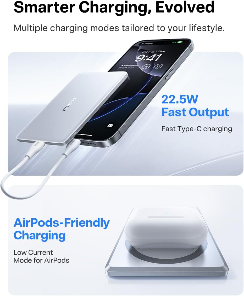 TORRAS Magnetic Portable Charger, 5,000mAh Wireless Power Bank with USB-C Cable, [Ultimate Slim] Fast Charging Durable Battery Pack for iPhone 15 Pro Max /15 Pro/15/14/13/12, Silver White