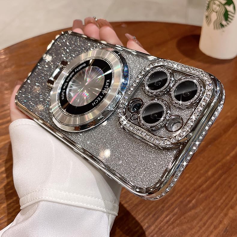 Magnetic Kickstand (Glitter Lens Protector ) Case for iPhone 16 15 14 13 Pro Max (Compatible with Magsafe ) Sparkling Diamond Cover Glitter Shiny Rhinestone Cases (Silver,for iPhone 16 Pro)