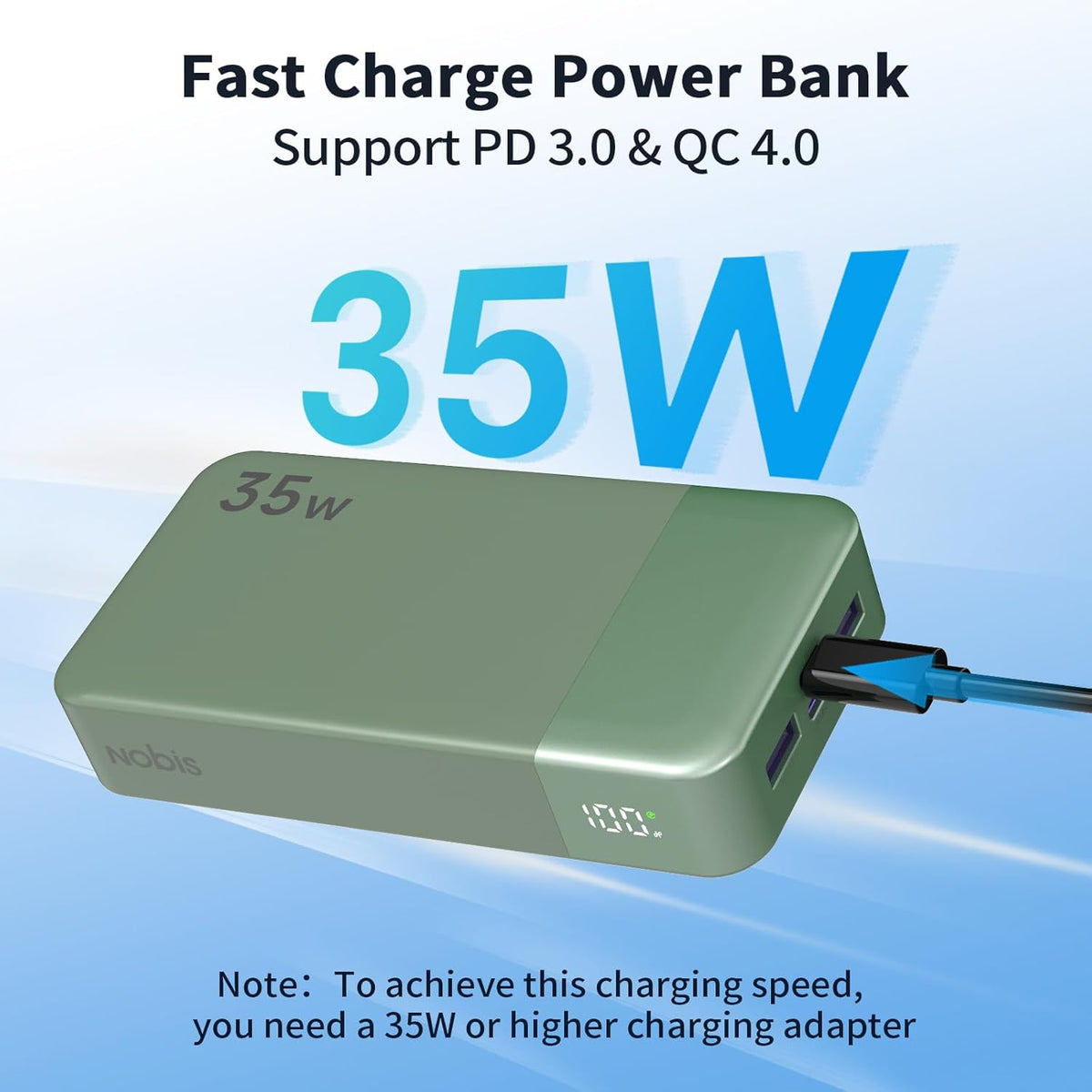 NOBIS Portable Charger, 20000mAh Power Bank, 35W Power Bank Fast Charging, Battery Pack with C to C Cable, Battery Bank with Digital Display for Phone Android etc