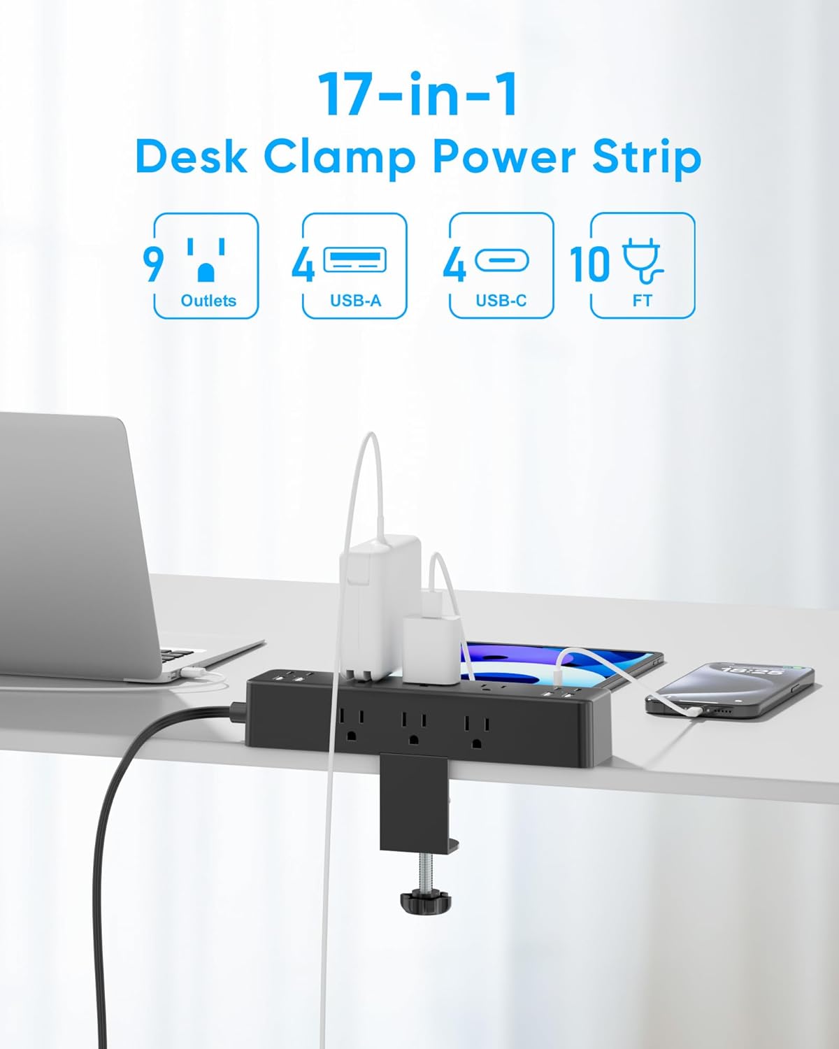 Flat Plug Desk Clamp Power Strip 10FT, 24W Total Charging Station, Desk Edge Mount Power Strip 9 AC Outlets 8 USB Ports Surge Protector, Fit 1.7" Tabletop Edge, Home Office Accessories