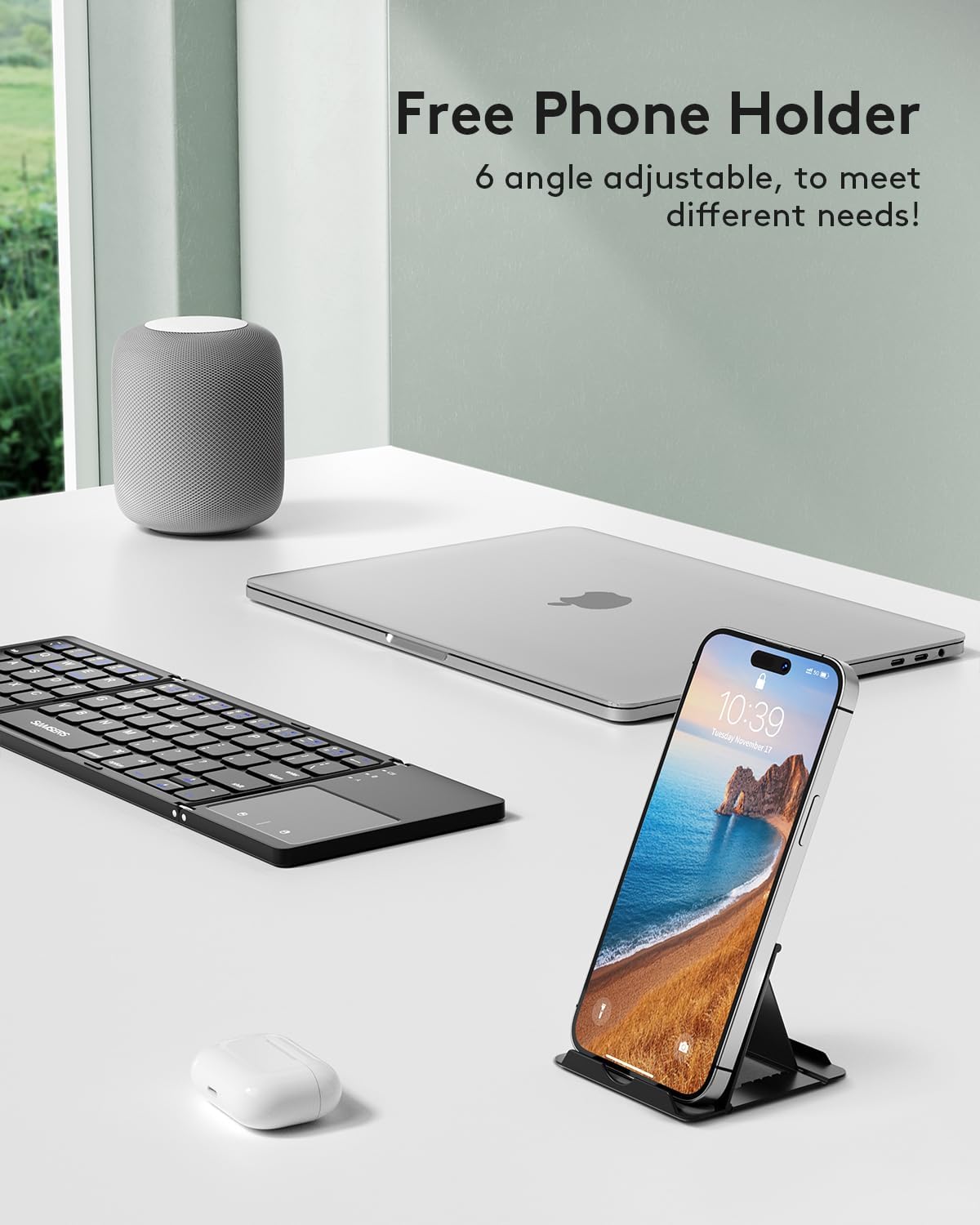 Samsers Foldable Bluetooth Keyboard with Touchpad - Portable Wireless Keyboard with Holder, Rechargeable Full Size Ultra Slim Pocket Folding Keyboards for Android Windows iOS Tablet & Laptop - Black