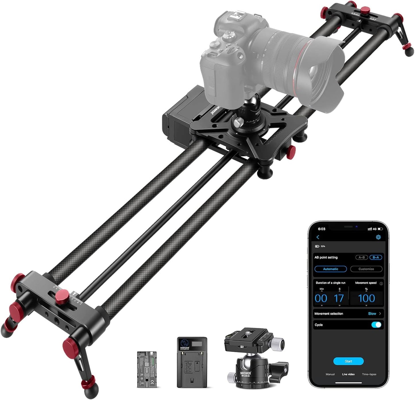 NEEWER 39.4”/100cm Motorized Camera Slider, App Wireless Control Carbon Fiber Dolly Rail Slider, Support Video Mode, Time Lapse Photography, Horizontal, Tracking and 120° Panoramic Shooting (ER1-100)