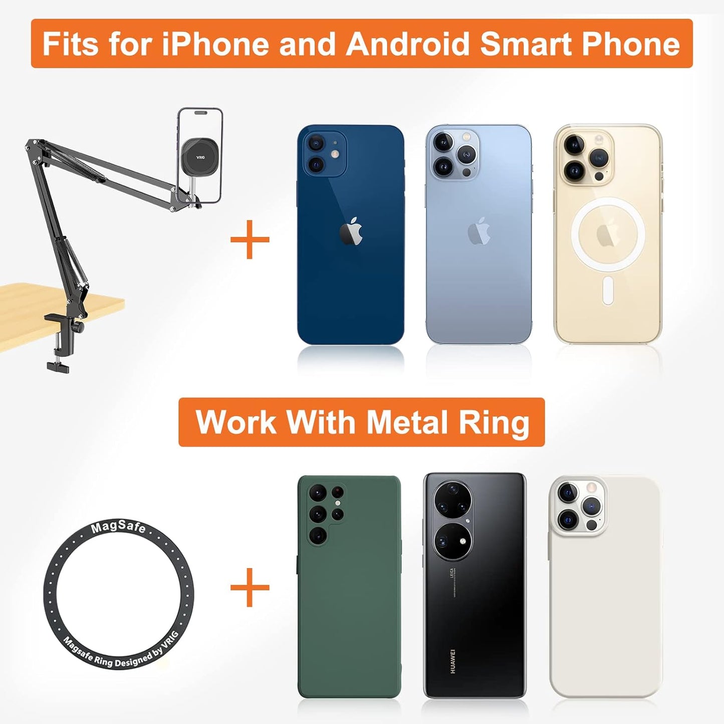 UURIG Overhead Phone Mount Stand with Magsafe, Articulating Arm Cell Phone Holder for Desk, Cell Phone Holder for Live Streams, Zoom Calls, Online Teaching, Selfies, Remote Working
