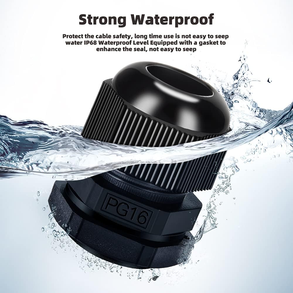 Nylon Cable Gland Kit, CGELE 50 Pack Plastic Waterproof Adjustable Connector 3-16mm Strain Relief Cord Connectors Joints Nylon with Gaskets PG7 PG9 PG11 PG13.5 PG16 PG19