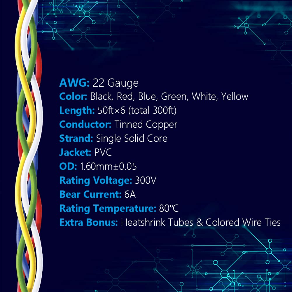 Fermerry 22 AWG Solid Core Wire Spool 50ft Each 6 Colors Flexible 22 Gauge Hook up Wire Kit Electrical Tinned Copper Wire PVC