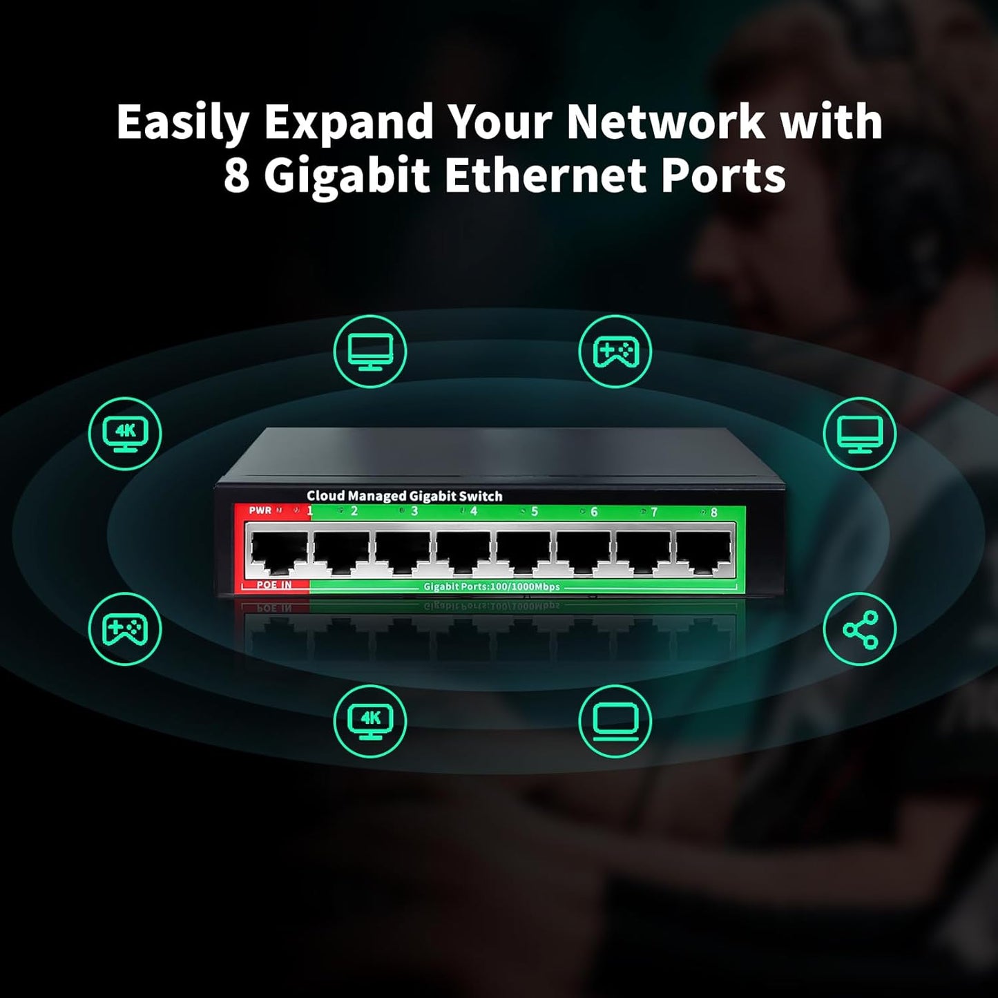 STEAMEMO 8-Port Gigabit Ethernet Switch | Smart Managed with VLAN & QoS | Plug & Play Desktop/Wall-Mount Network Hub w/ PoE in Design | Metal Housing & Web Managed(Includes Power Adapter)