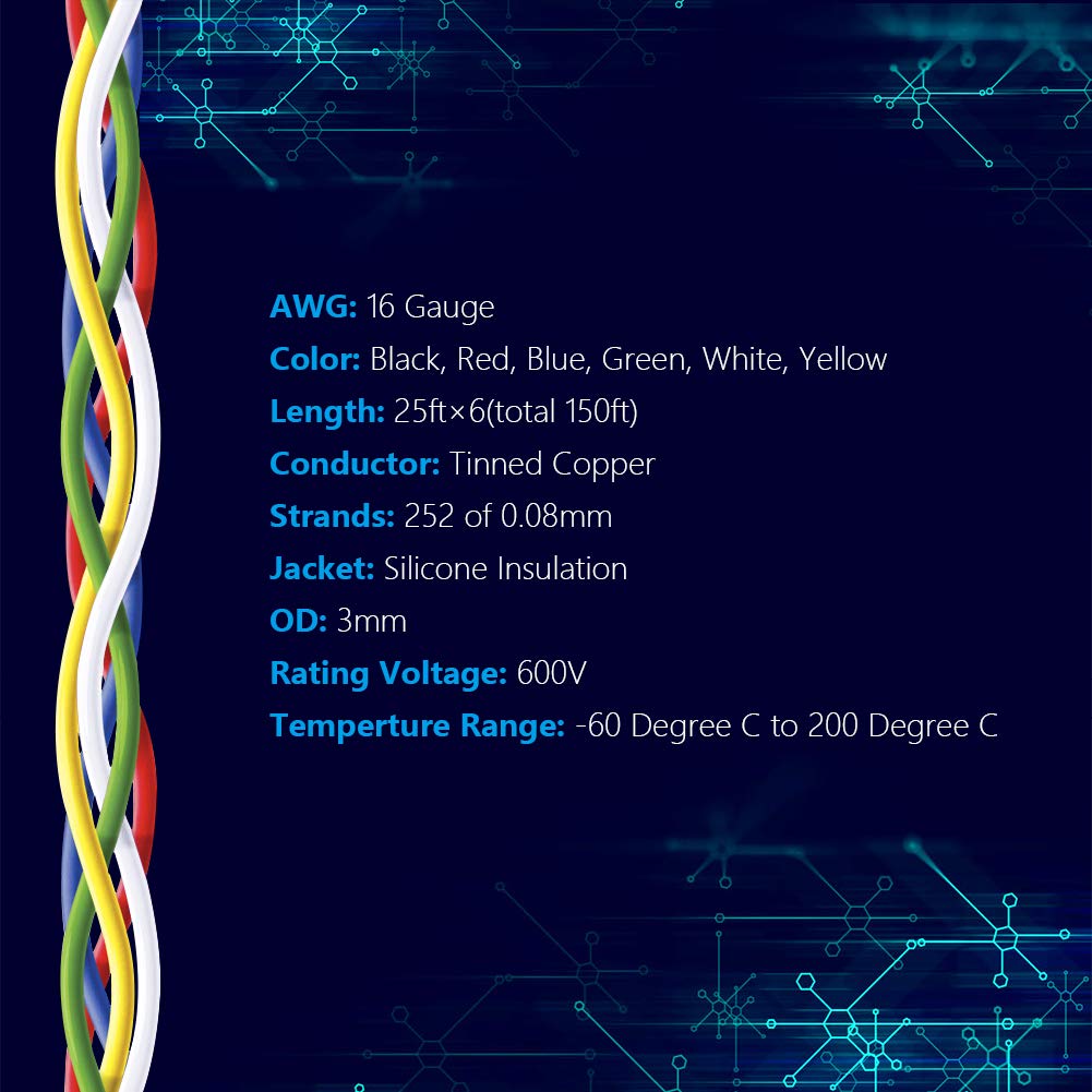Fermerry 16 AWG Stranded Wire Spool 25ft Each 6 Colors Flexible 16 Gauge Silicone Hook up Wire Kit Electrical Tinned Copper Wire