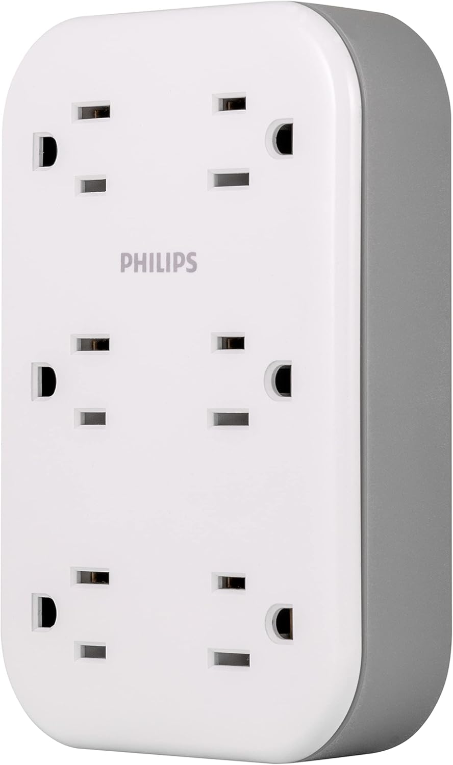 Philips EZFit 6-Outlet Surge Protector Outlet Extender, Wall Tap, Grounded Widely Spaced Outlets, 900 Joules, for Home Office Dorm Essentials, White, SPP6602W/37