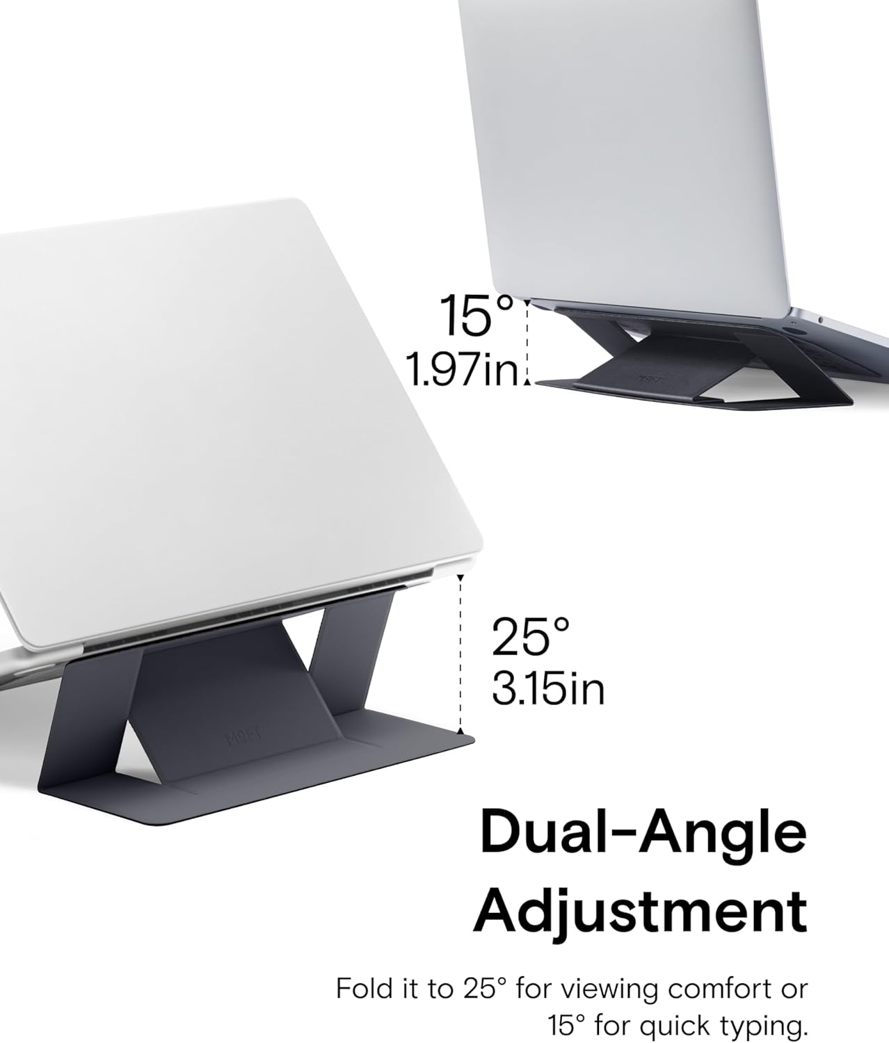 MOFT Laptop Stand for Desk, Adhesive MacBook Computer Stand with 2 Adjustable Viewing Angles, Foldable and Portable Laptop Riser Compatible with 11"-16" Laptops, Black