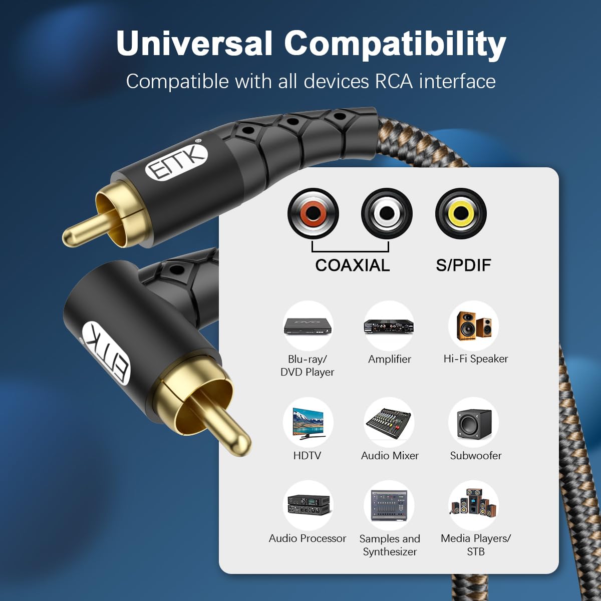 EMK 90 Degree RCA Subwoofer Cable 24K Gold-Plated Connector Nylon Braided Double Shielded – Support Digital & Analog Signals for Amplifier, Home Theater, Hi-Fi System,Subwoofer Black/6.6ft/2m