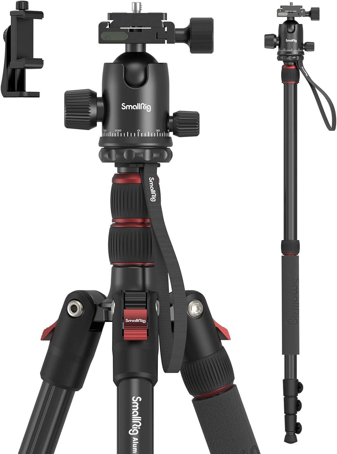 SmallRig Camera Tripod, 71" Foldable Aluminum Tripod/Monopod, 360°Ball Head Detachable, Payload 33lb, Adjustable Height from 16" to 71" for Camera, Phone