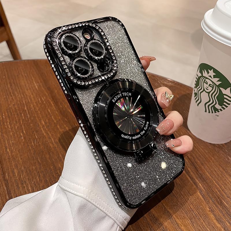 Magnetic Kickstand (Glitter Lens Protector ) Case for IPhone 15 14 13 12 Pro Max (Compatible with Magsafe ) Sparkling Diamond Cover Glitter Shiny Rhinestone Cases (Black,for iPhone 14 Pro)