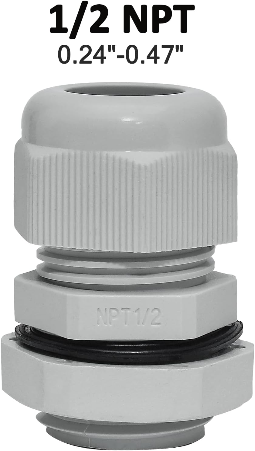 20 Pcs 1/2" NPT Nylon Cable Glands, IP68 Waterproof Adjustable Cord Grip Cable Connector Strain Relief Wire Protectors for 6-12mm Cable Diameter, Grey