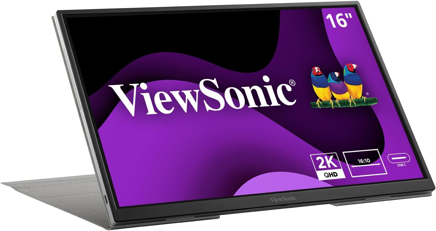 ViewSonic VG1656-2K 16 Inch WQXGA 1600p IPS Portable Monitor with 2 Way Powered 65W USB C, and Smart Cover with Built-in Stand