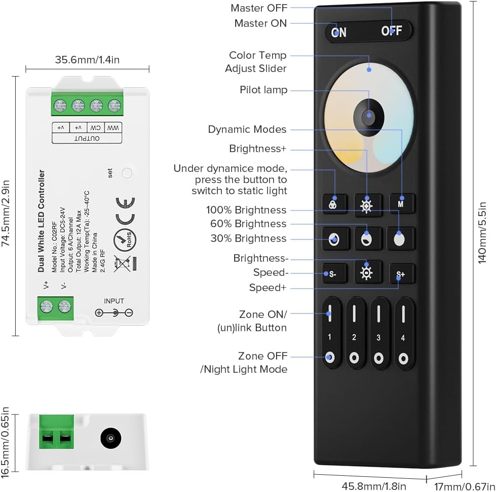 BTF-LIGHTING RF 2.4GHz Wireless Remote RC02RFB &2PCS C02RF Tuya Controller Kit 4 Zone Group Control PWM CCT(+ CW WW) 3pin 5050SMD FCOB COB Dual White LED Strip DC5V DC12V DC24V