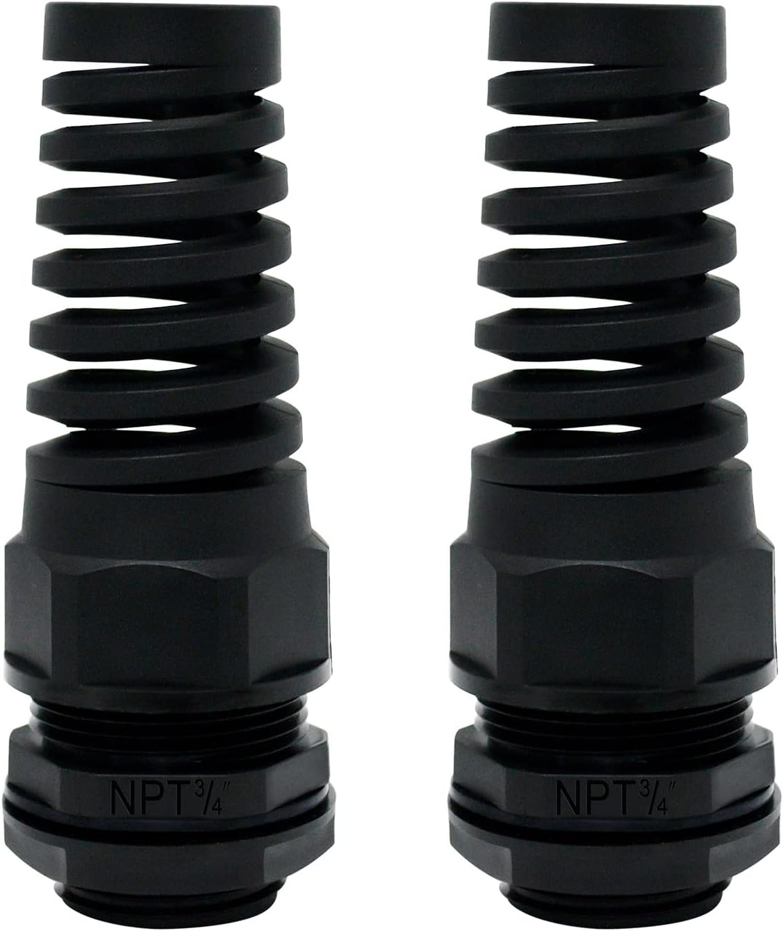 LeMotech 2Pcs NPT 3/4" IP68 Waterproof Cable Gland Flex Spiral Strain Relief Black Nylon Joint with Gaskets for 13-18mm Wire Thread
