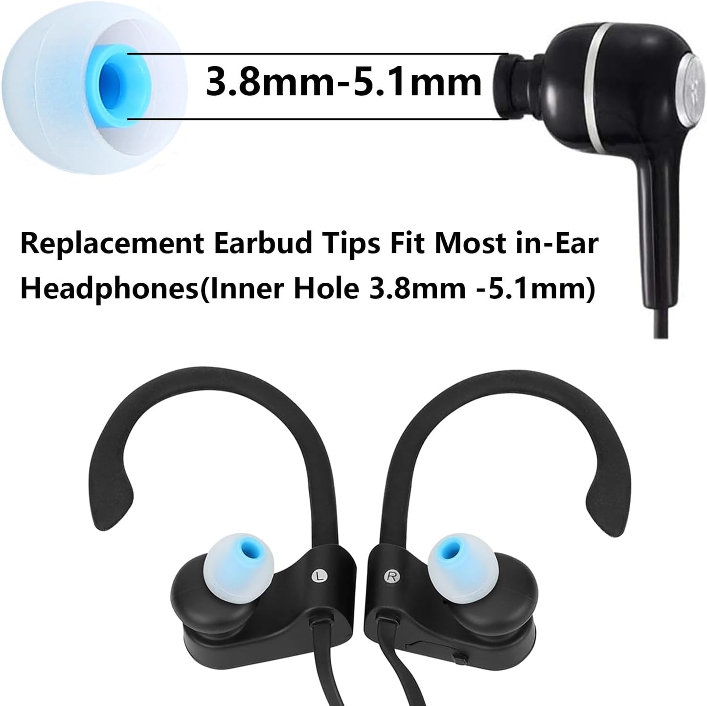 Silicone Earbud Tips - Fit for in-Ear Headphones (Inner Hole 3.8mm -5.1mm) - 9 Pairs S/M/L