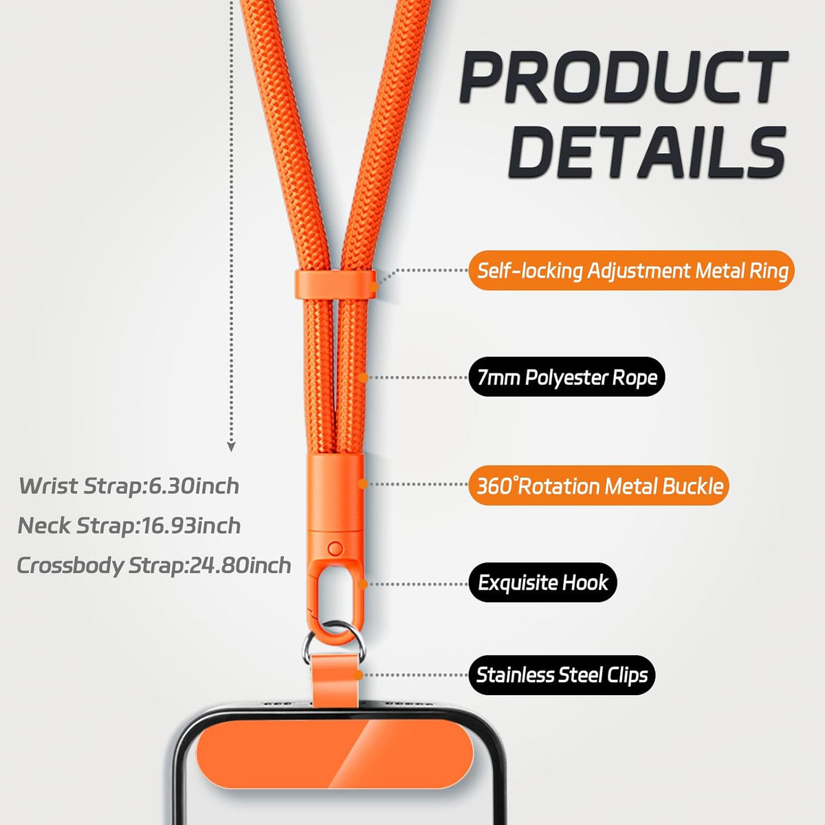 3 Pack Phone Lanyard,1×Phone crossbody strap,1×Phone Neck Strap,1×Wrist Strap,3×Tether Tabs,Universal Cell Phone Multifuctional Patch Polyester Lanyards(Orange)