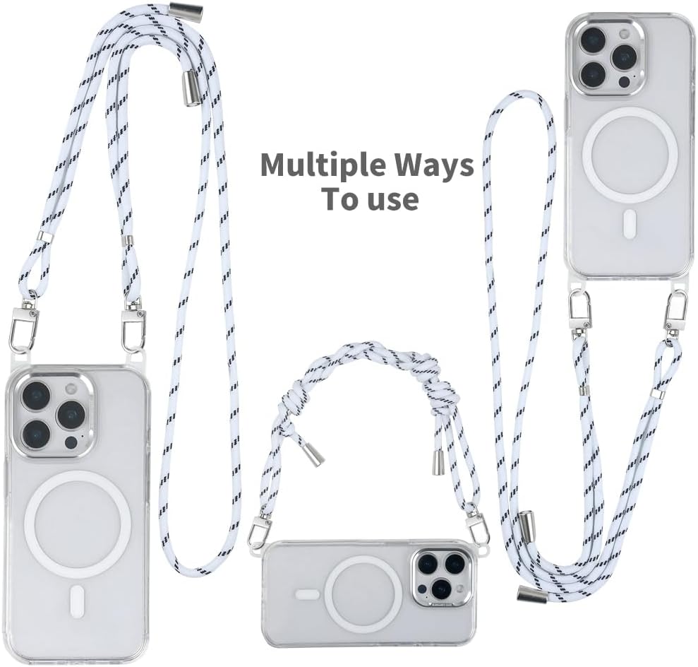 for iPhone 15 Pro Max Case with 62.99 inch Lanyard, Classic Clear&White Magnetic Phone Case, Drop&Shockproof Protection Cases, Phone Holder Lanyard, Compatible with Magnet Accessory