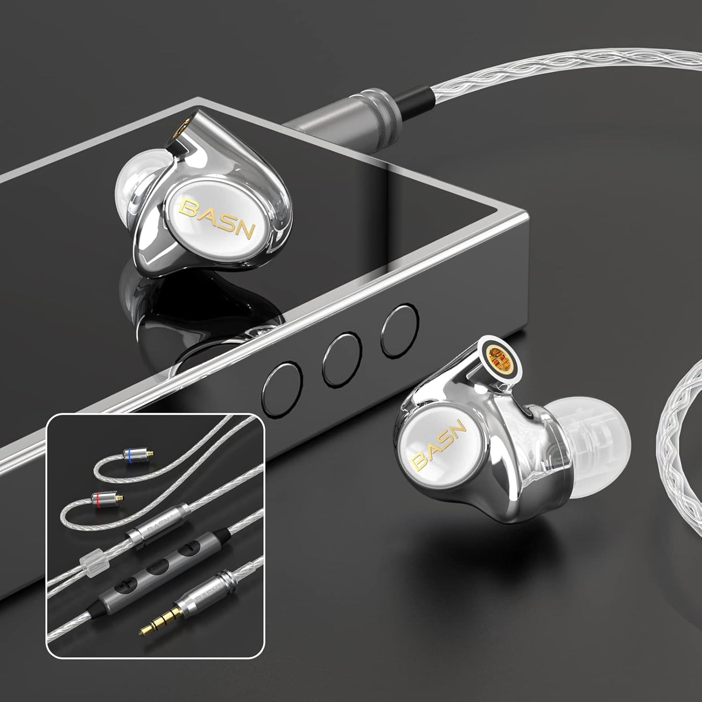 BASN Metalen PRO 4 Drivers in-Ear Monitors Headphones for Musicians, Noise Isolating Enhanced Bass Sound Earphones with CNC Metal Craft Shell, Wired Upgraded Detachable MMCX Cables(White)