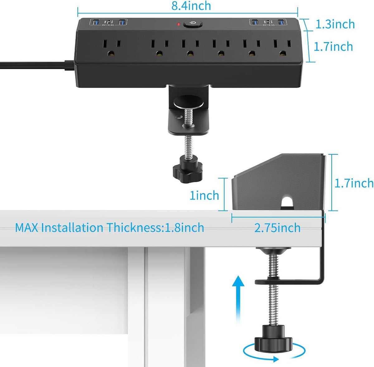 Desk Clamp Power Strip with 40W Fast Charging Station, JXGUCAT Removable Desk Clamp Mount Power Strip Surge Protector, 2 USB-C Ports, 6 AC Outlets and 10ft Cord, Fits 1.8" Tabletop Edge