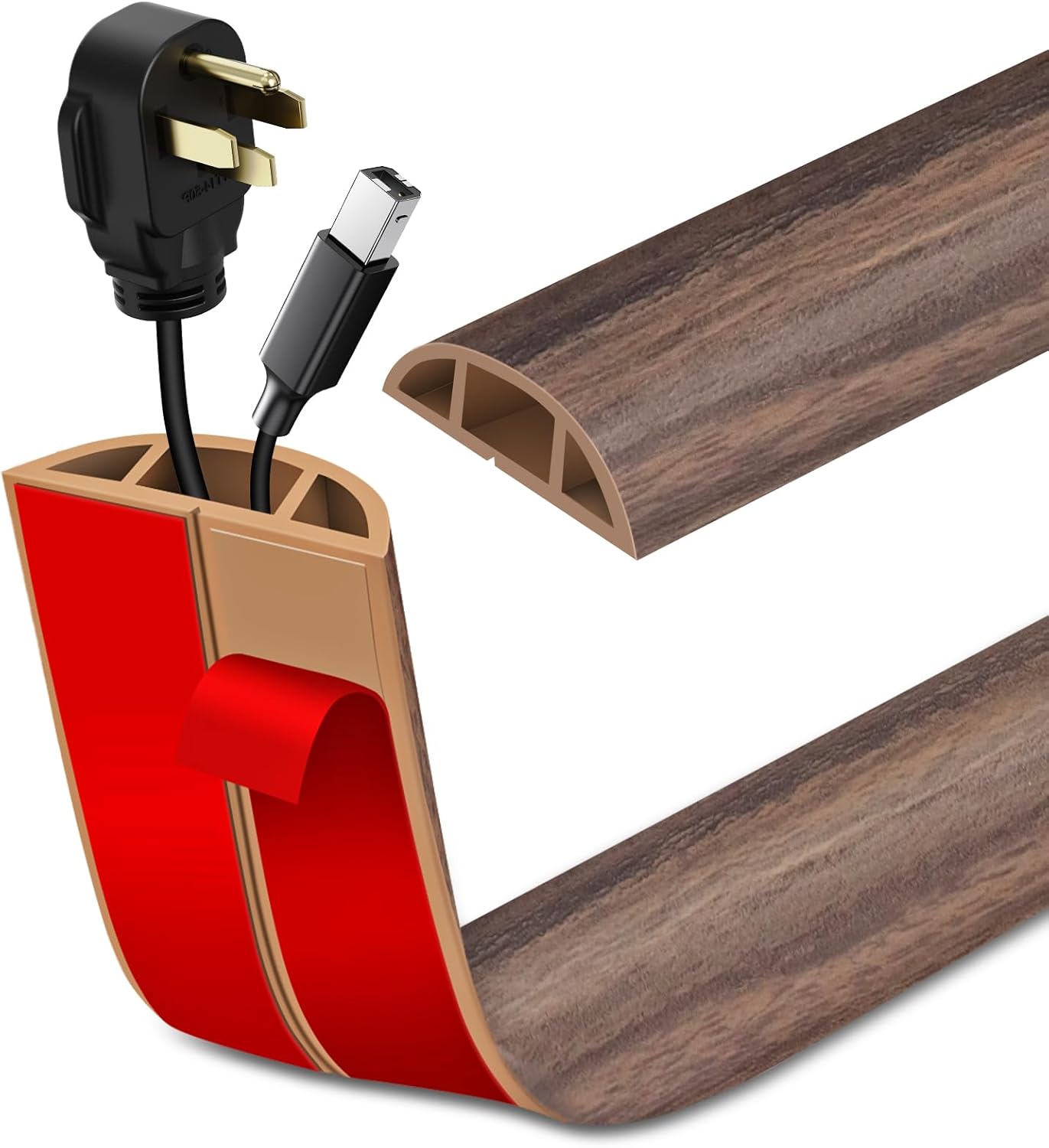 Floor Cord Cover Self Adhesive Cord Hider Floor Extension Cord Covers for Floor Power Cord Protector Cable Management Prevent Cable Trips Cable Cavity 0.59" W x 0.31" H (Smoked Brown Wood, 20Ft)