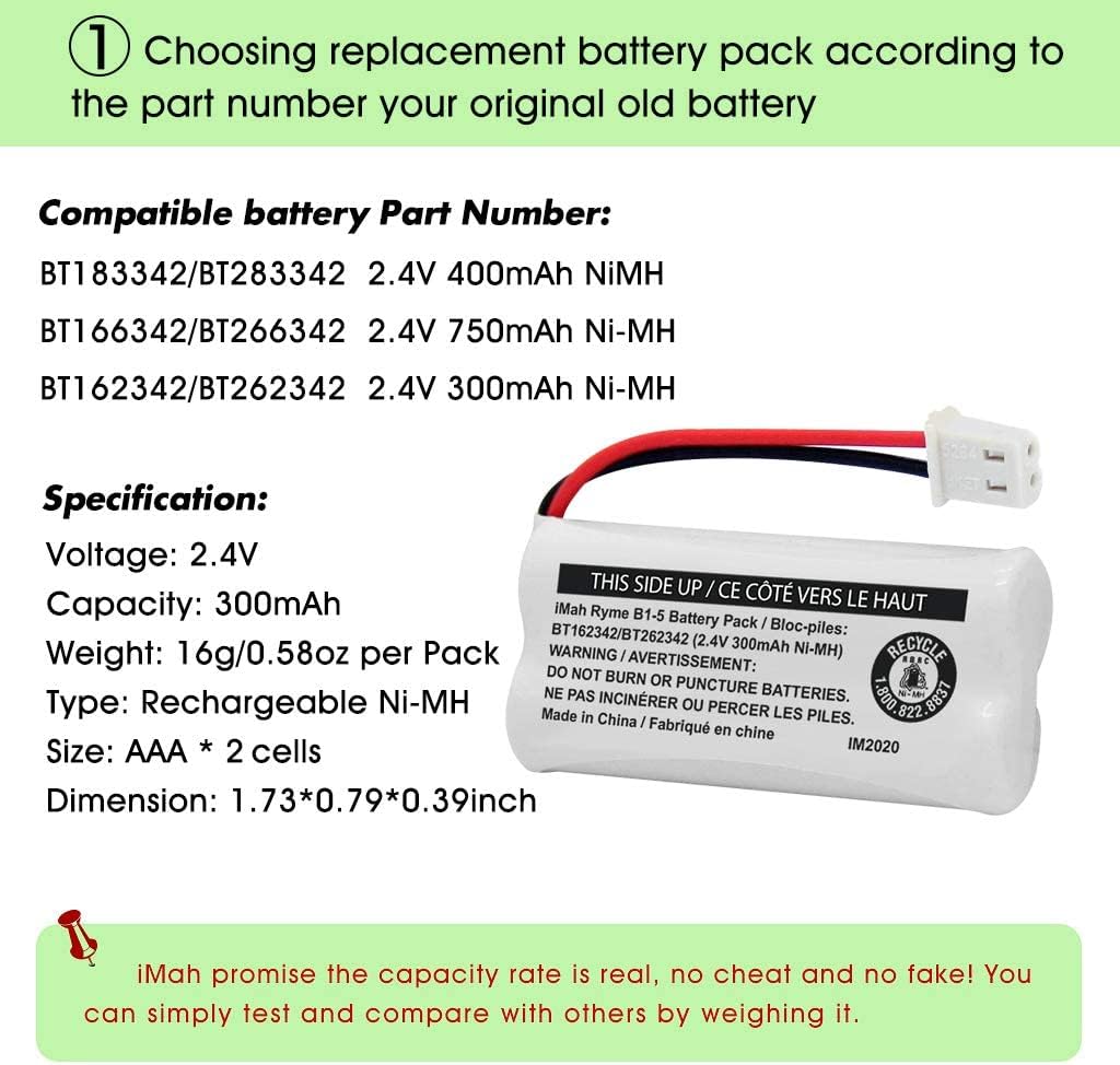 iMah BT162342/BT262342 2.4V 300mAh Ni-MH Cordless Phone Battery Pack, Also Compatible with BT183342/BT283342 AT&T EL52351 TL90070 VTech CS5119 DS6511 DS6722 LS6305 Handset, 5-Pack