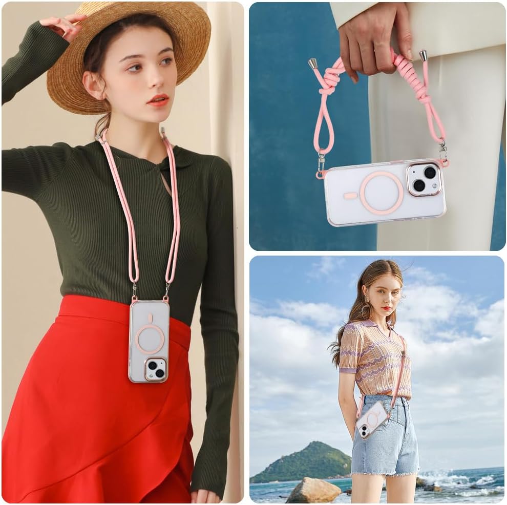 for iPhone 15 Case with 62.99 inch Lanyard, Classic Clear&Pink Magnetic Phone Case, Drop&Shockproof Protection Cases, Phone Lanyard for Around The Neck, Compatible with Magnet Accessory