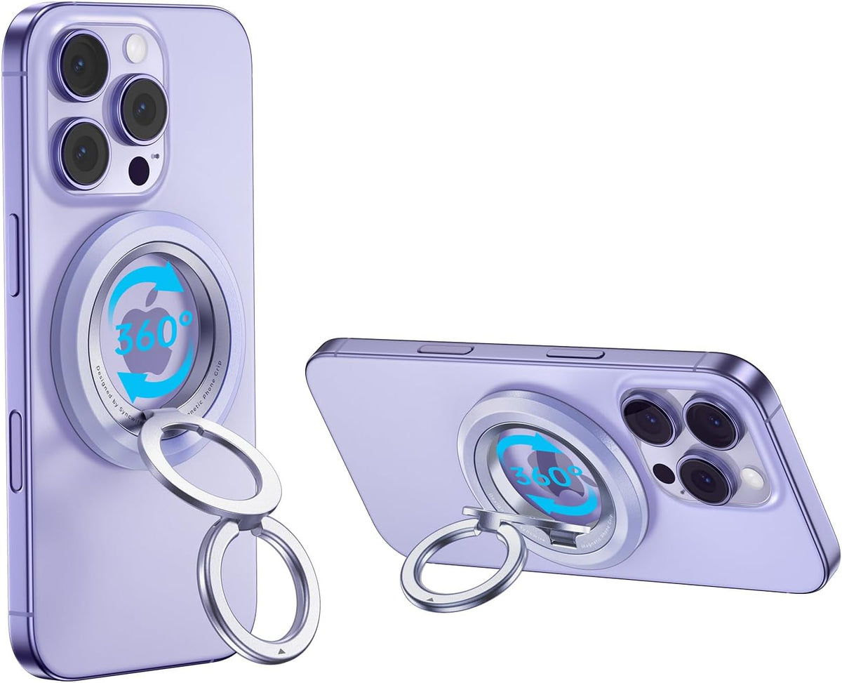 SYNCWIRE Magnetic Phone Ring Holder for MagSafe, 360° Rotation Dual Sided Magnet Grip Cell Phone Ring Stand Finger Kickstand Compatible with iPhone 16 15 14 13 12 Pro Max fits MagSafe - Purple