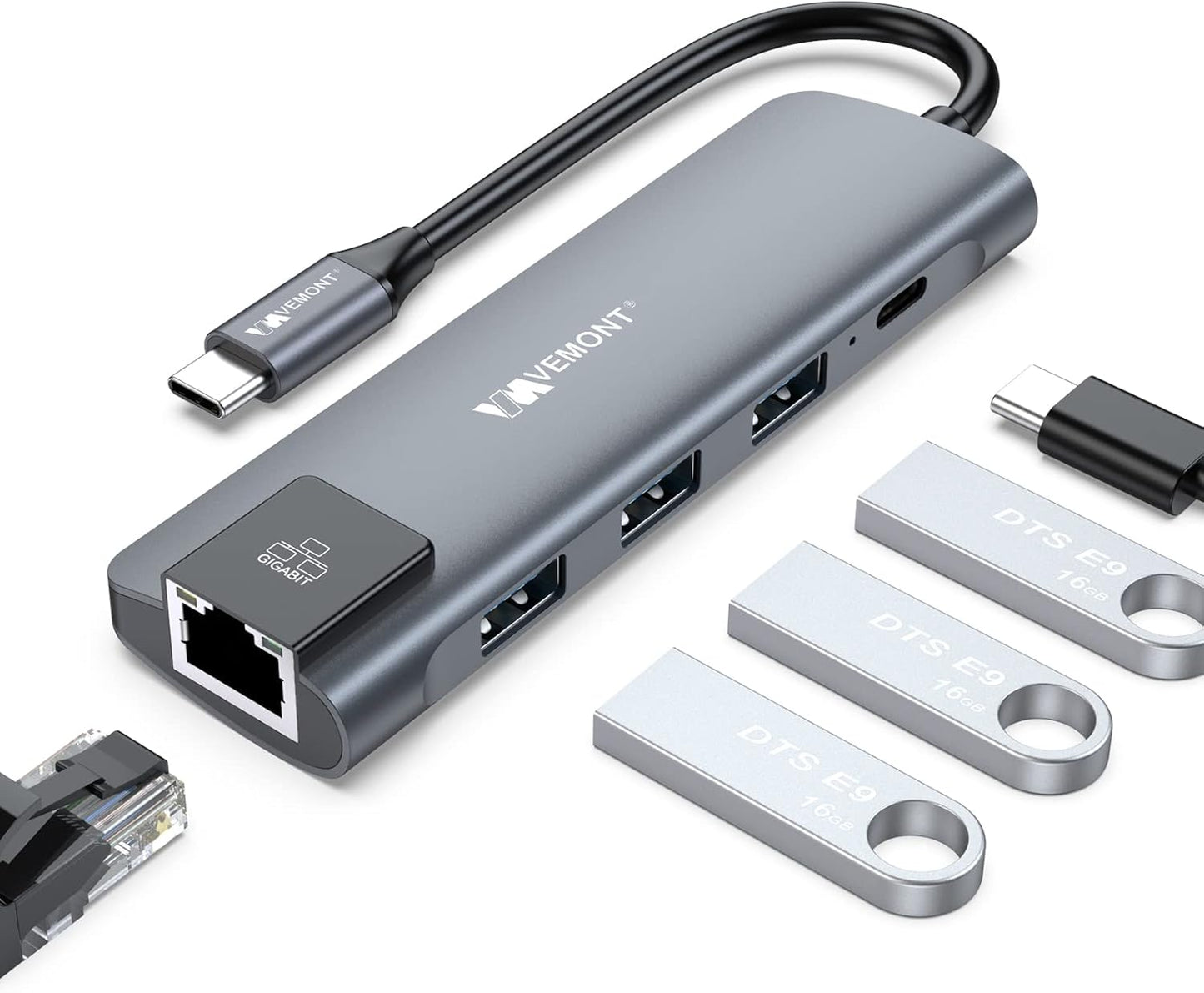 VEMONT USB C hub,5 in1 USB-C hub, Type-c multiport Adapter with Gigabit Ethernet, 3 USB 3.0 hub for Data, 100W Power Delivery, USB c hub for Laptop MacBook/ipad, and Other USB C Devices