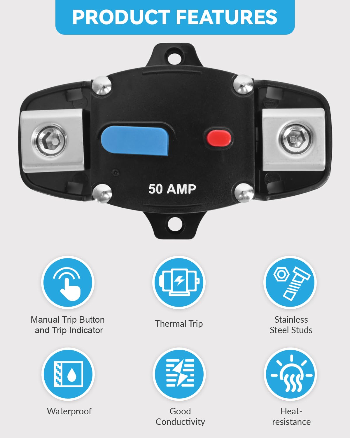 80 Amp Circuit Breaker 12-48 Volt DC 80A Self Recovery Resettable High Amp Circuit Breaker with Manual Reset Button for Automotive RV Marine Boat Car Audio and Amps Protection