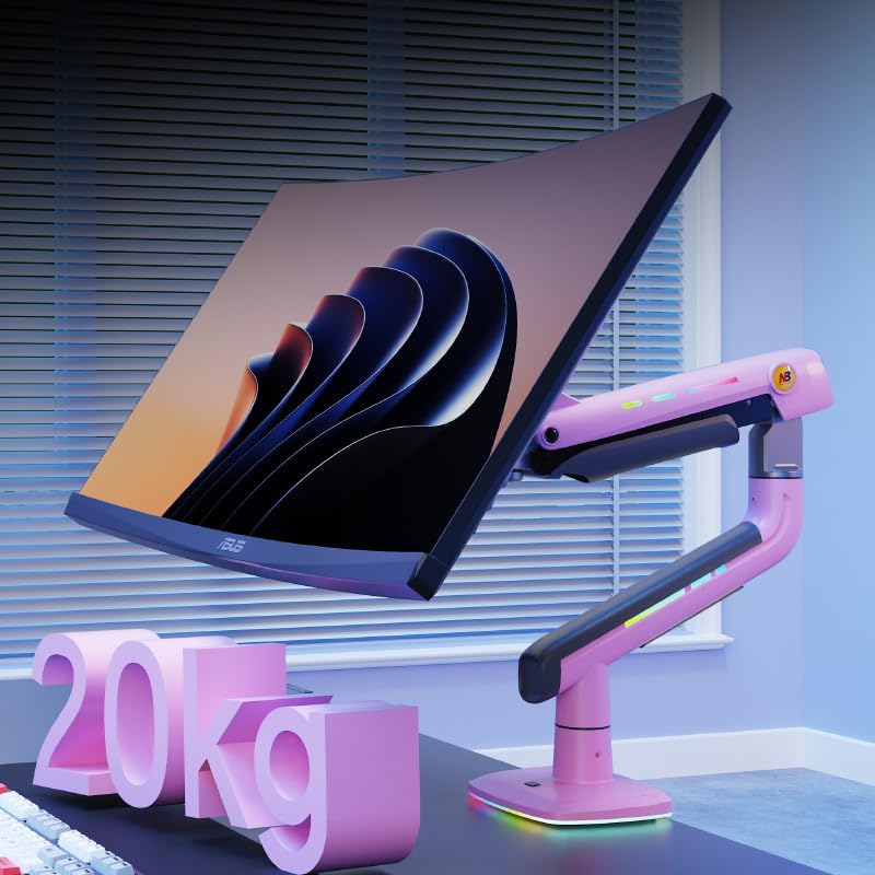 Gaming Monitor Arm for Flat/Ultrawide/Curved Monitors 32 to 60 inch, Heavy Duty Monitor Stand Load up to 20 kg, VESA 75/100 mm Mount (Fantasy Pink)