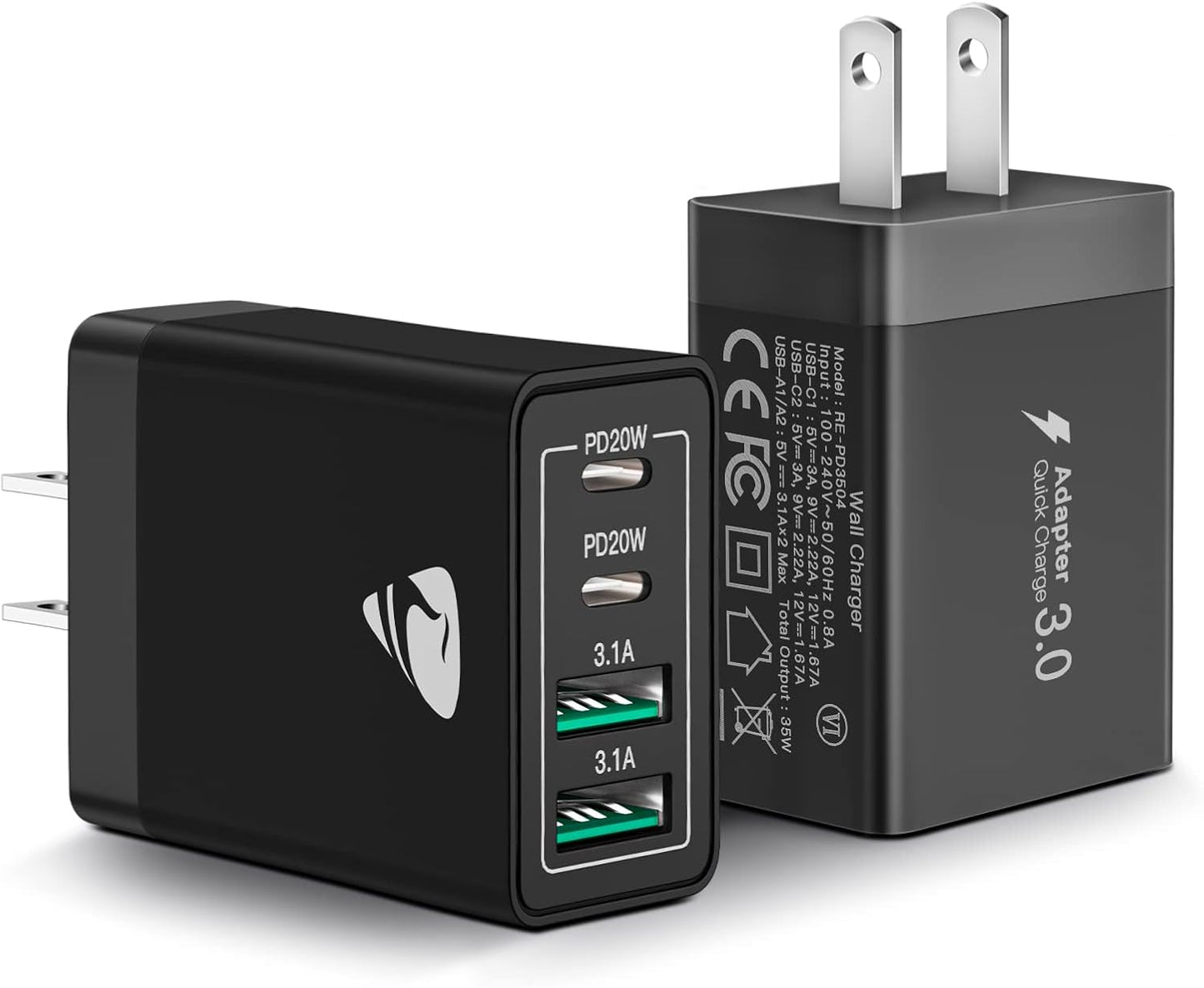 [2-Pack] USB C Wall Charger Block, Aiminu 40W 4-Port Fast Charging Block Dual Port QC+PD Power Brick Multiport Type C Charger Plug Adapter for iPhone 15 14 13 12 11 Pro Max XS XR SE 8 Plus, Samsung