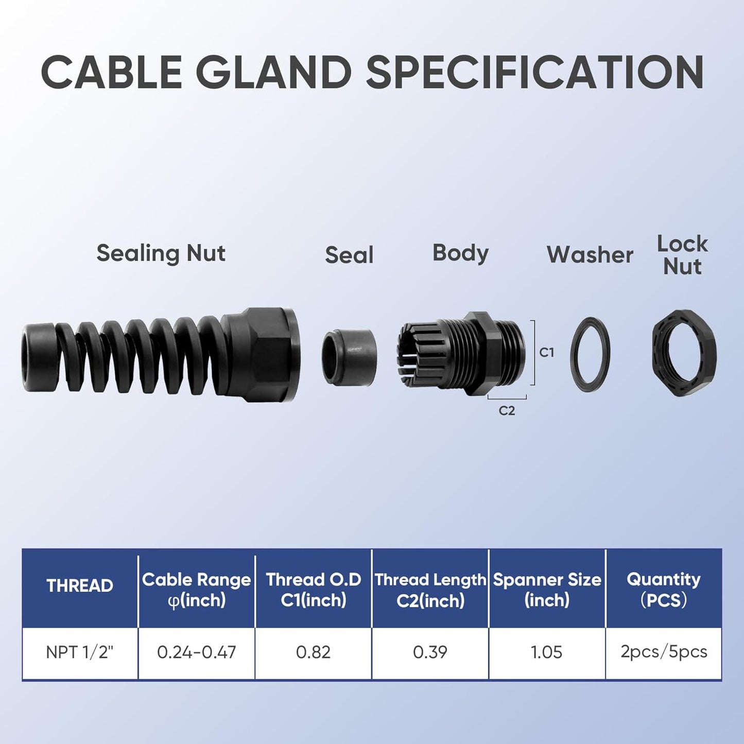 Strain Relief Cord Connector,LISTENJIALE 2Pcs NPT 1/2" Waterproof Cable Gland Flex Spiral Strain Relief Adjustable 6-12mm Cable Connector Nylon Joint with Gaskets(Black)