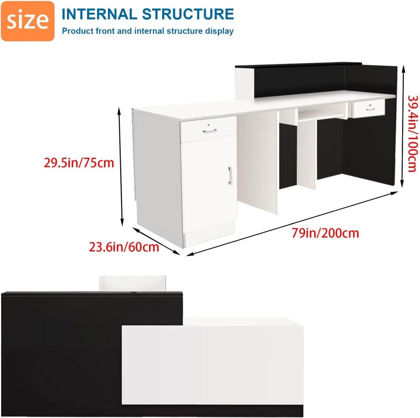 Reception Desk with Counter Modern Checkout Counter with Lockable Drawer Keyboard Tray Receptionist Desk for Office Salon Reception Table D Left 79inch/200cm