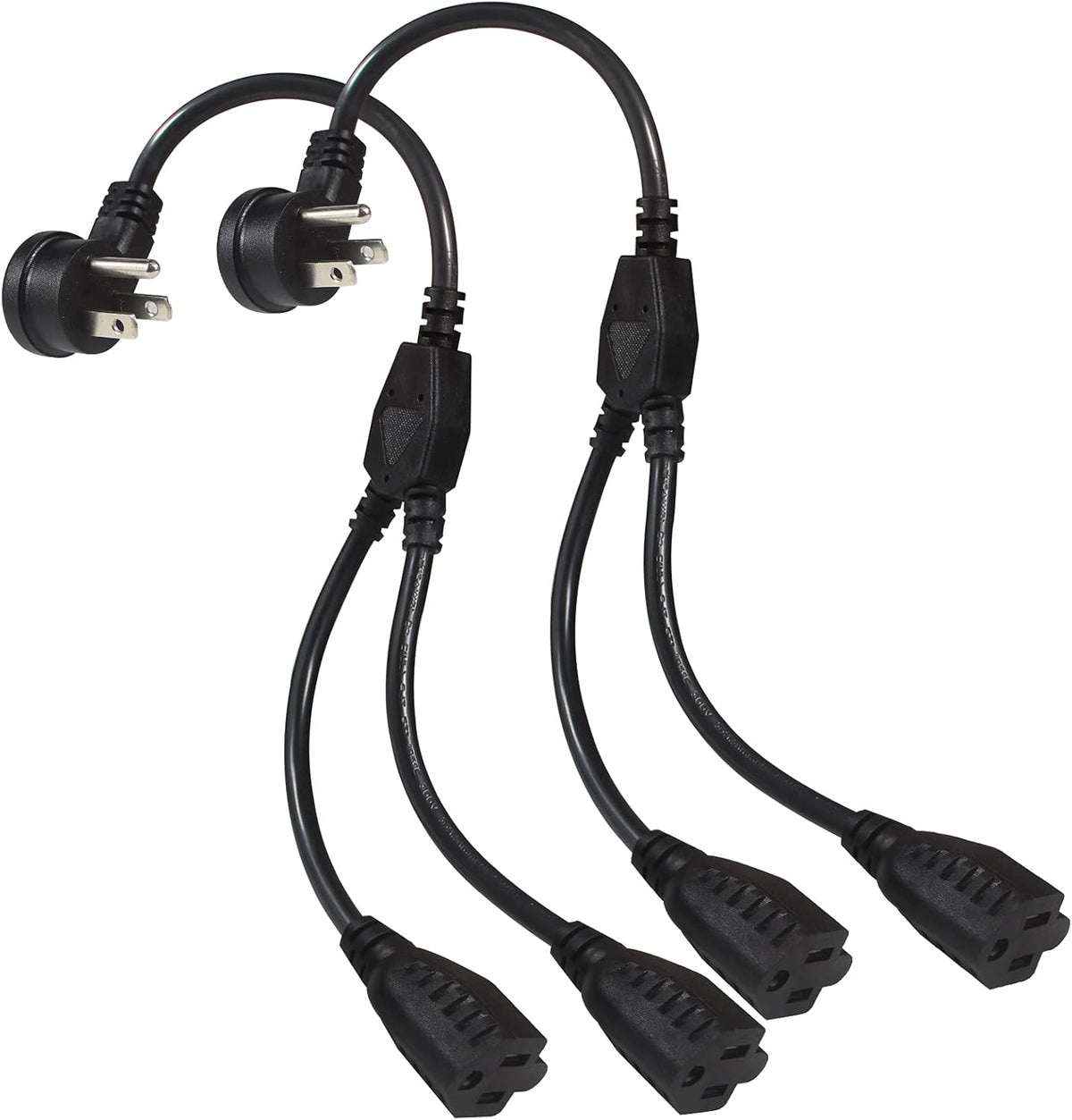 Power Extension Cord Y Splitter - 1FT Right Angled Type Flat Plug NEMA 5-15P 1 to 2 Way Outlet NEMA 5-15R SJT 16AWG 3 Prong Low Profile Black AC Power Cable Wire Extender for Home Office (2-Pack)