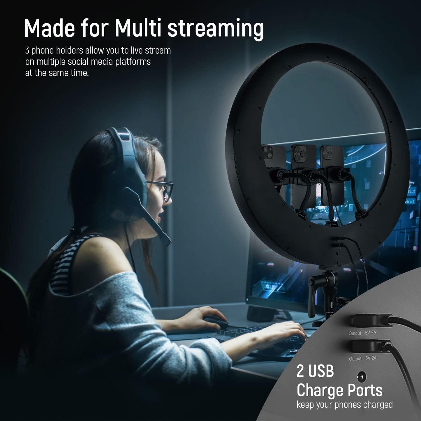 NEEWER 19 inch 2.4G Ring Light with Stand, 3 Phone Holders, 2.4G USB Transmitter for Mac/PC Remote Control, Touch Panel, Smooth Dimming at 1%, 3200K-5600K for Selfie TikTok Live Streaming Zoom, RP19H