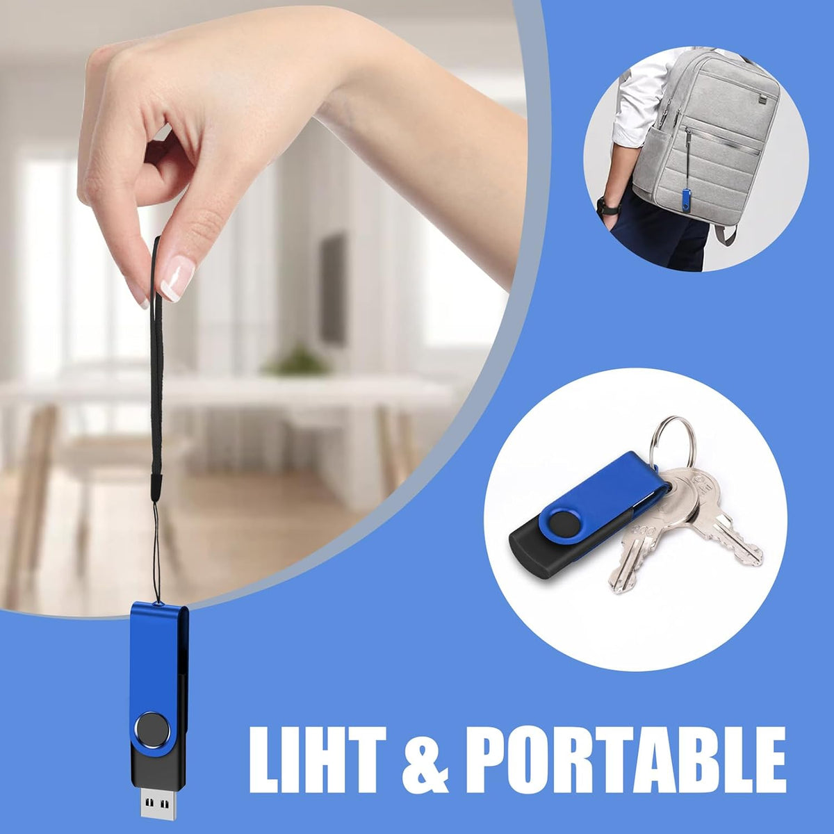 EASTBULL Flash Drive Bulk 2GB USB 100 Pack with Lanyards USB 2.0 Thumb Drive Bulk Memory Stick Swivel Pen Drive for Storage and Backup 2 GB 100 Pack, Blue