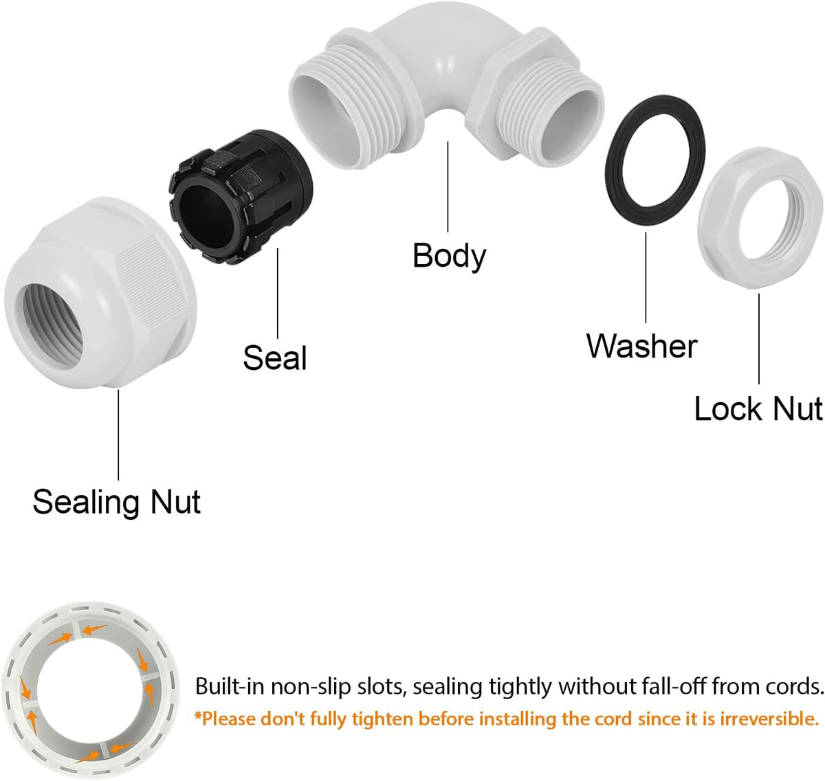 LeMotech M32 Cable Gland, 90 Degree Adjustable 18-25mm Strain Relief, Cord Connectors Nylon Joints with Gaskets, 2 Pcs, Grey