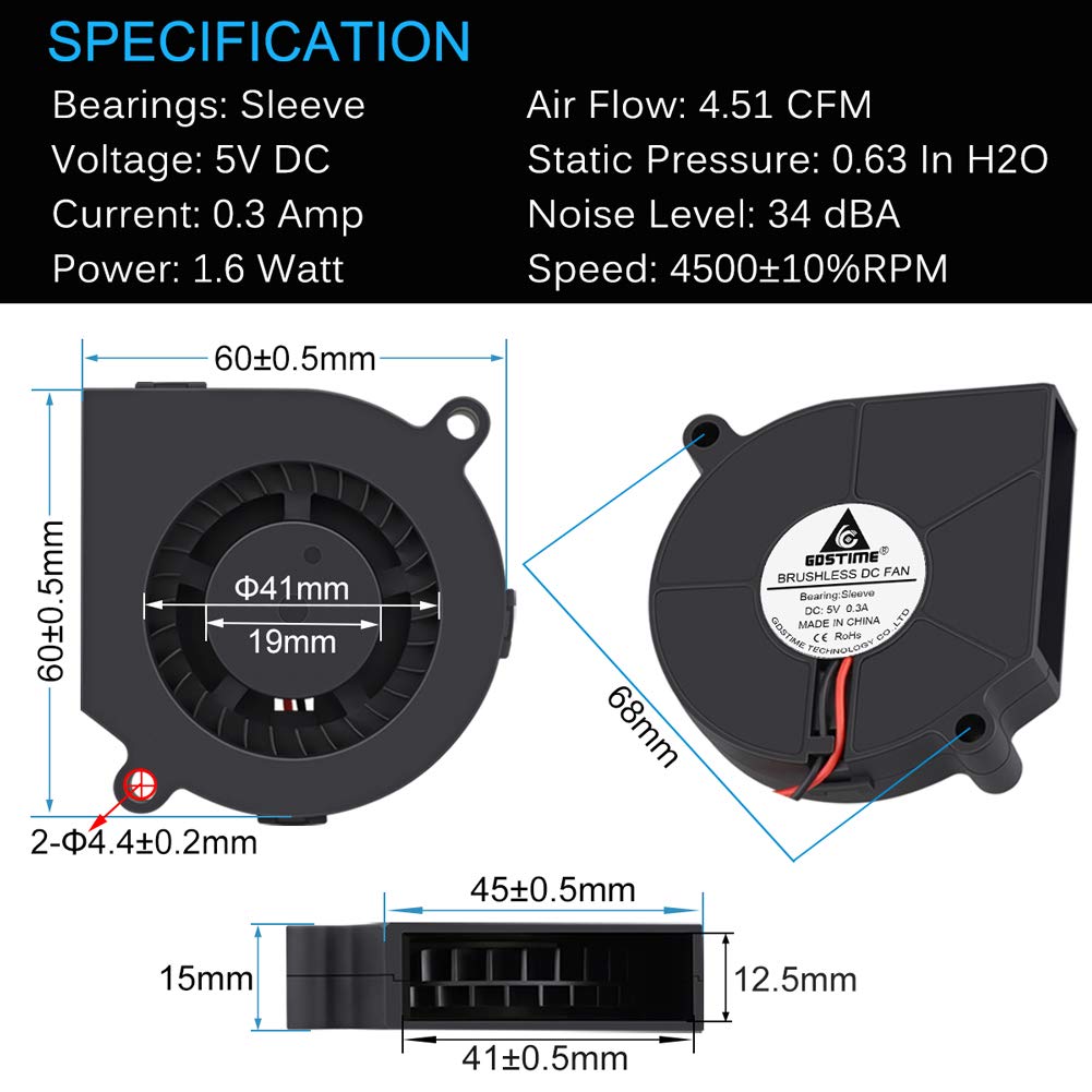 GDSTIME 5V USB Blower Fan 60mm, 60mm x 60mm x 15mm Brushless DC Cooling Blower Fan