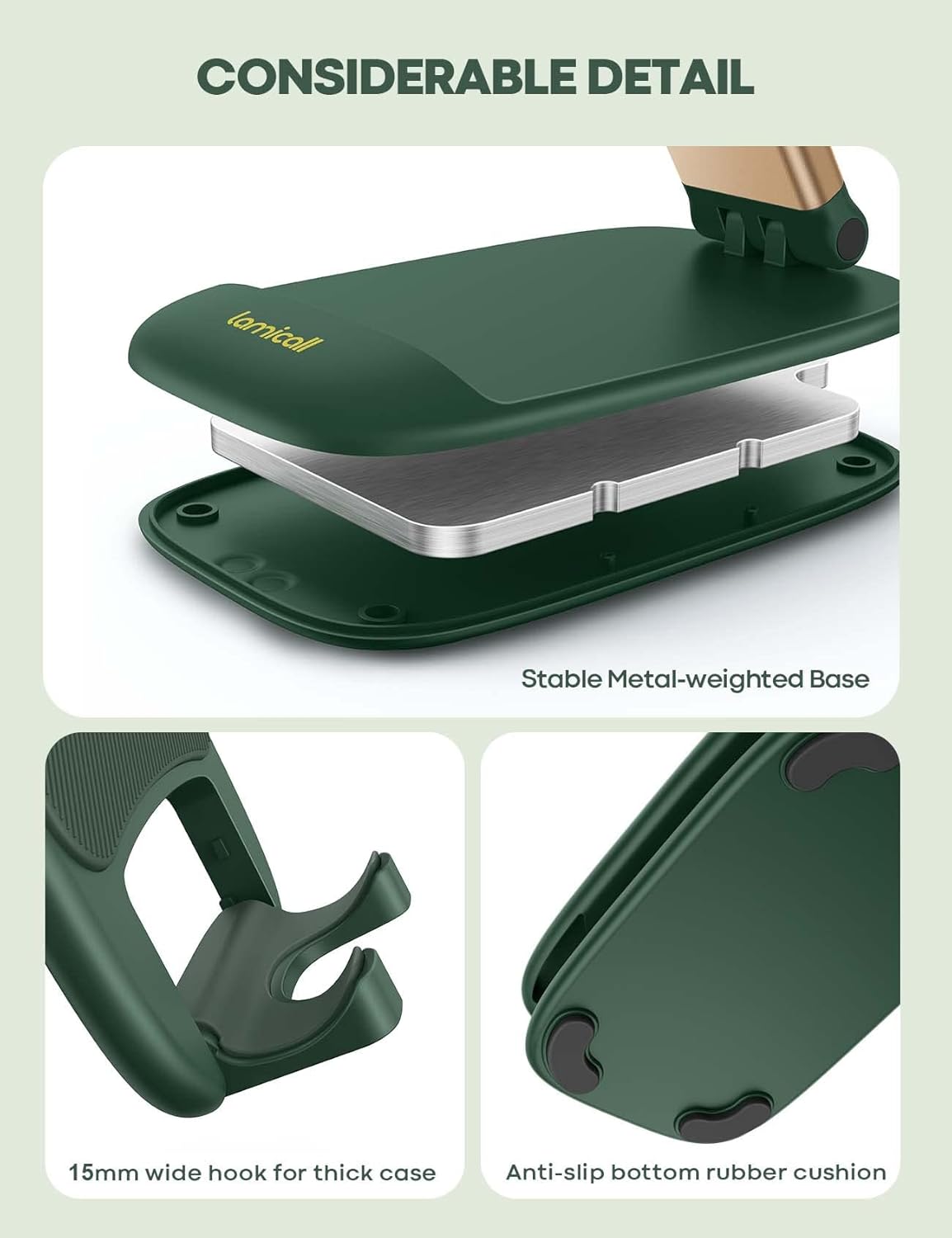 Lamicall Adjustable Phone Stand for Desk - Foldable Phone Holder Cradle Dock for iPhone 16 15 14 Pro Max Plus, 13 12 Pro Max Mini, 11 Pro, Xs, XR, X, 8, 6s, Samsung S23, 4"-8" Mobile Phones - Green