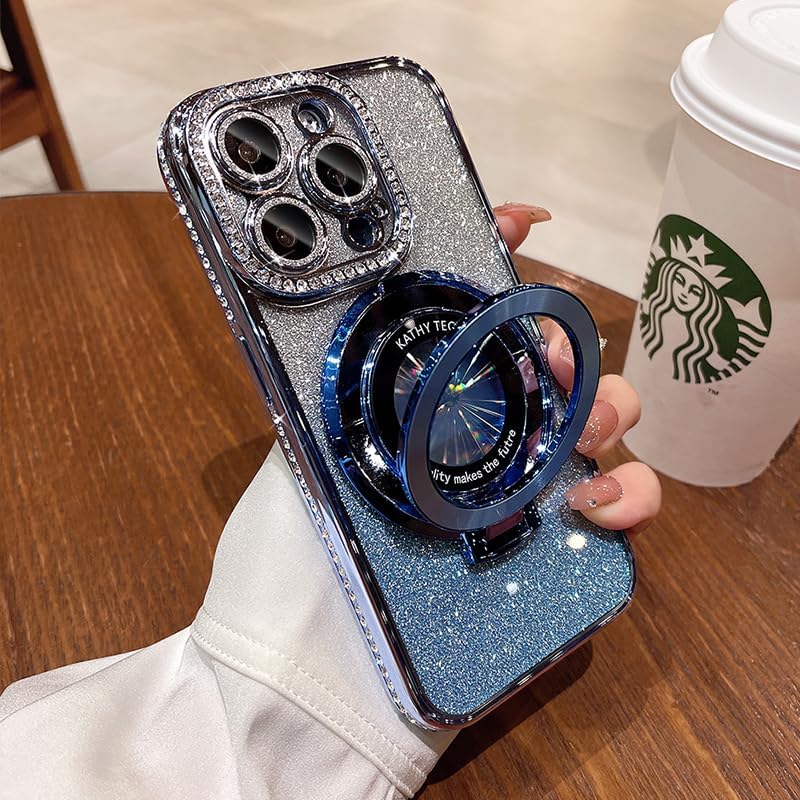 Magnetic Kickstand (Glitter Lens Protector ) Case for IPhone 15 14 13 12 Pro Max (Compatible with Magsafe ) Sparkling Diamond Cover Glitter Shiny Rhinestone Cases (Blue,for iPhone 14)