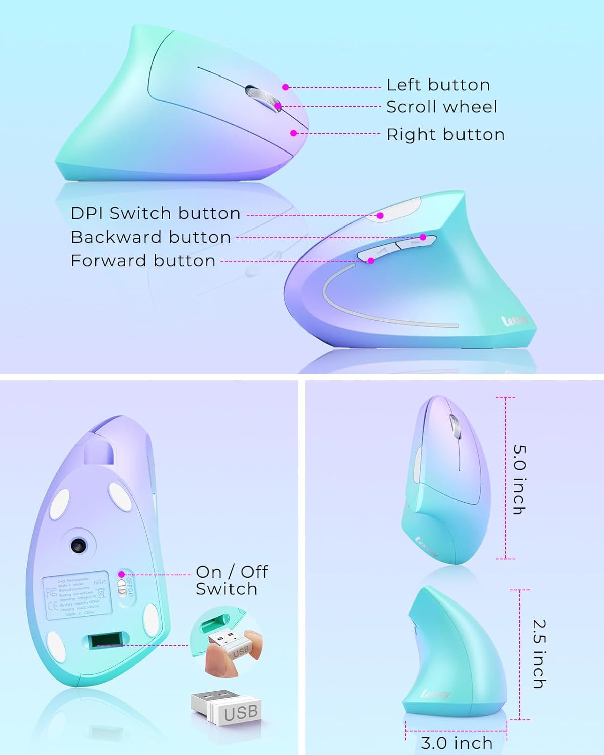Lekvey Ergonomic Mouse, Vertical Wireless Mouse, Rechargeable 2.4G Optical Carpal Tunnel Mice: 800/1200 / 1600 DPI, 6 Buttons, for Laptop, PC, Computer, Desktop, Notebook etc, Green Purple